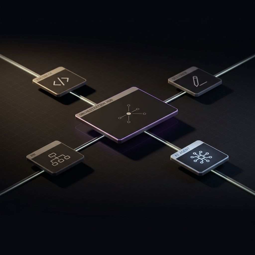 WKforce orchestration hub with four specialist nodes — Engineer, Designer, PM, AI Agent